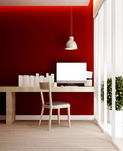工作场所和红色墙壁在家庭或公寓室内设计图稿3d 渲染