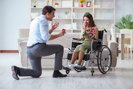 男子在轮椅上向残疾妇女求婚