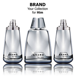 矢量逼真的银香水瓶模拟。产品包装详细化妆品