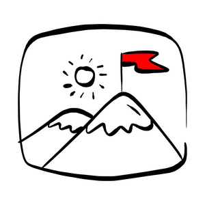 山顶上的红旗在矩形矢量插图素描手画与黑色线隔离在白色背景上
