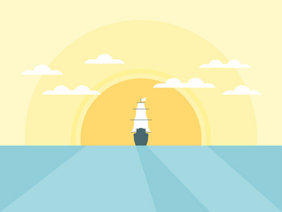 帆船在太阳的背景下, 在一个扁平的风格与阴影。海日光。矢量插图