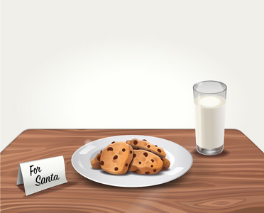 矢量圣诞老人在桌上的饼干和牛奶