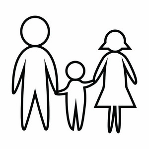 快乐的黑与白线的家庭。父亲母亲和儿子。父亲和母亲握住儿子的手。矢量。插画家