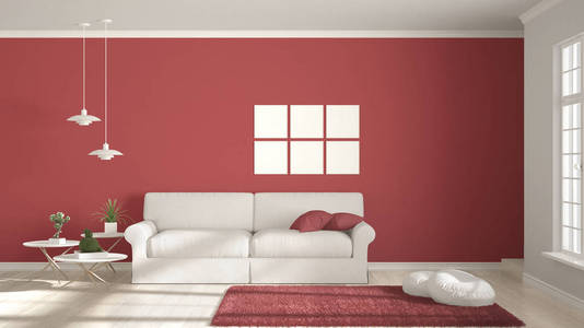 极简主义的房间，简单的白色和红色生活与大窗口，sc
