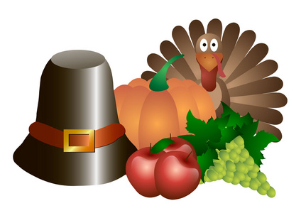 矢量图。感恩节这一天。帽子 南瓜 土耳其 苹果和葡萄在白色背景上孤立