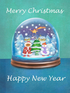 节日卡雪花玻璃球和祝愿圣诞快乐和新年快乐