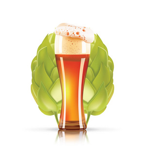 蛇麻草和优雅玻璃啤酒 3d 矢量图标孤立在白色背景上。啤酒花啤酒真实感矢量图