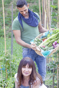 年轻夫妇的园丁收集新鲜蔬菜在 gardenhou