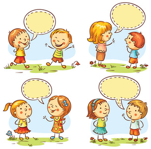 快乐的孩子说话和显示不同的情感，套着泡泡的四个场景图片