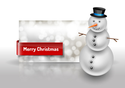 雪人站在圣诞贺卡上。抽象的散景背景