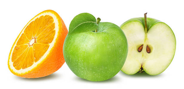 橙和苹果上白色孤立
