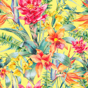 水彩的老式的花的热带的无缝的图案
