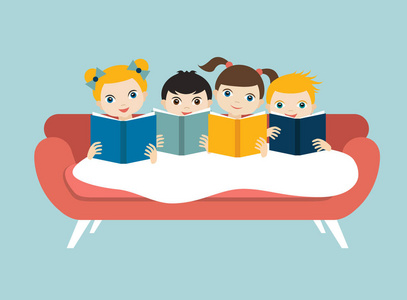 小可爱组的三个孩子坐在沙发上读书。平面向量