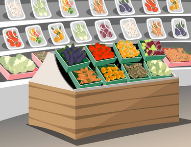 蔬菜店。超市店的新鲜健康的蔬菜。蔬菜架