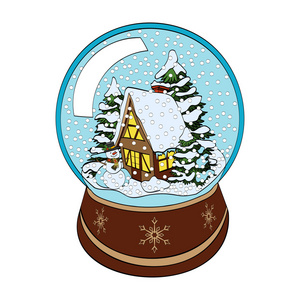雪人，房子和树在雪花玻璃球