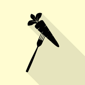 素食食品标志图。与平面样式阴影路径奶油背景上的黑色图标