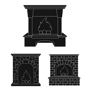 不同类型的壁炉黑色图标集合中的设计。壁炉建筑矢量符号股票网站插图