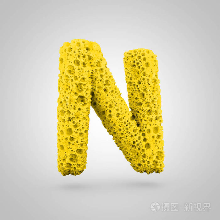 海绵字母 n 大写.3d 白色背景下黄色海绵字体的渲染