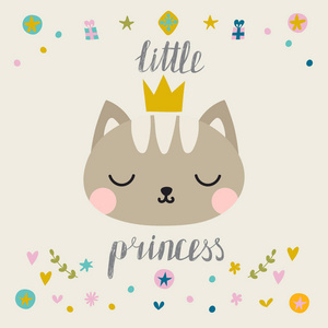 小公主。与皇冠的可爱小猫。时尚猫咪。幼稚的明信片