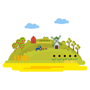 夏天绿色农村景观设计 拖拉机收获小麦农舍