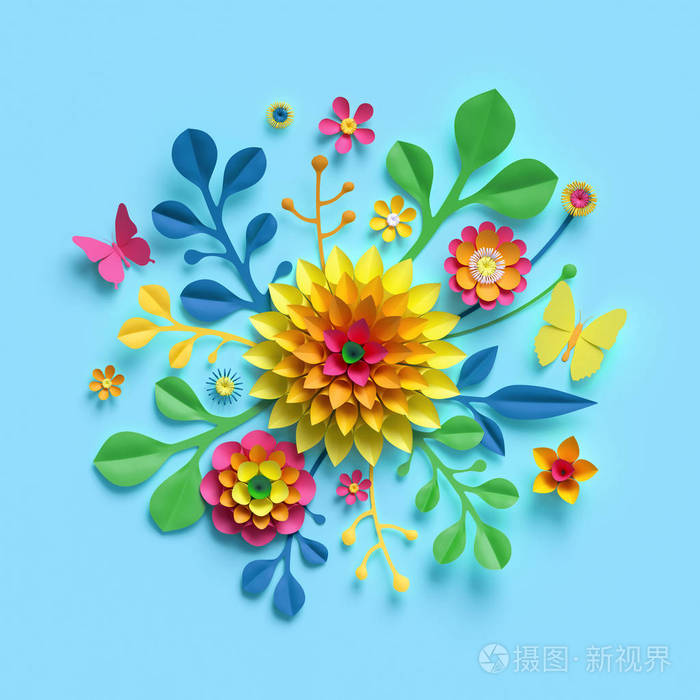 植物排列, 明亮的糖果颜色, 自然剪贴画在天空蓝色背景, 装饰点缀