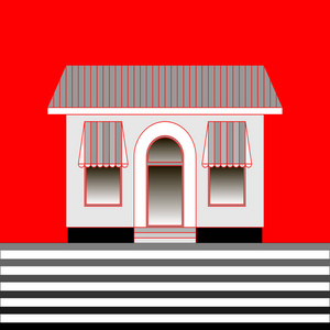咖啡馆或商店与透明的窗口与遮阳篷在红色背景