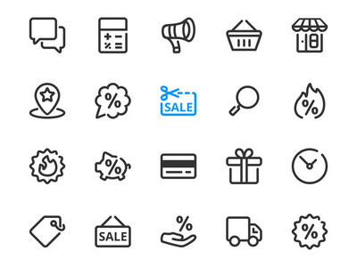 一组用于销售的折扣符号的细线图标。矢量轮廓的集合图标 商店, 购物袋, 礼品盒, 折扣, 销售, 优惠券, 送货