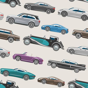 豪华车矢量复古汽车运输和汽车工业汽车插图集无缝模式背景下的汽车行业隔离 citycar