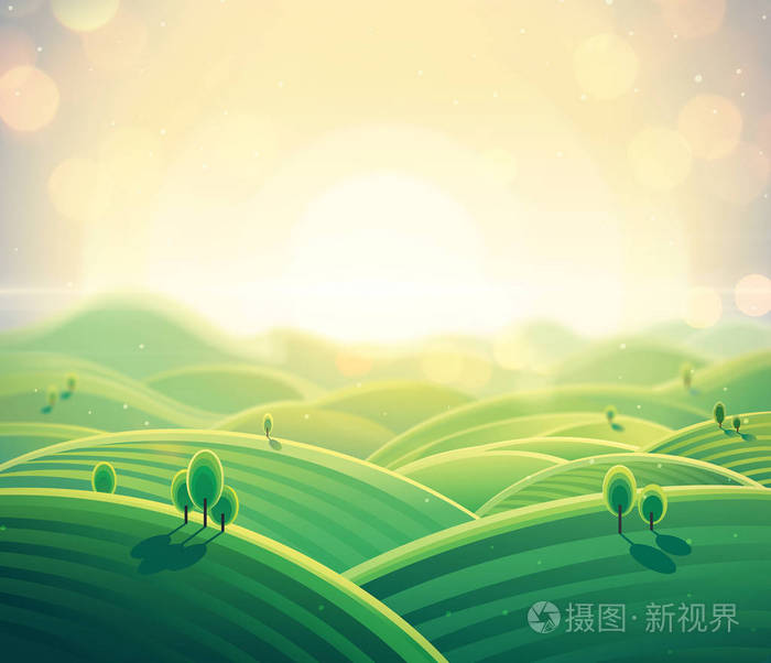 清晨乡村风光的日出越过群山的卡通风格.矢量插图