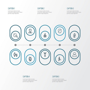 人的图标线风格设置与楼梯, 儿童, 商人和其他头元素。孤立向量插图人类图标