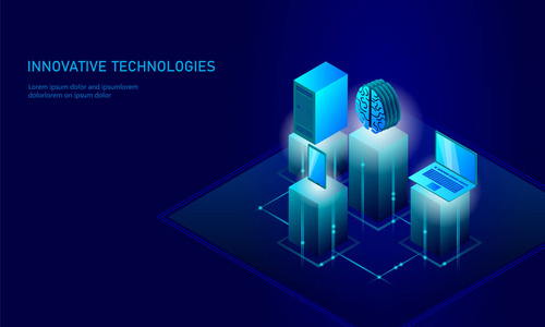 等距人工智能业务概念。蓝色发光等距个人信息数据连接 pc 智能手机人脑未来技术。3d 图表矢量图