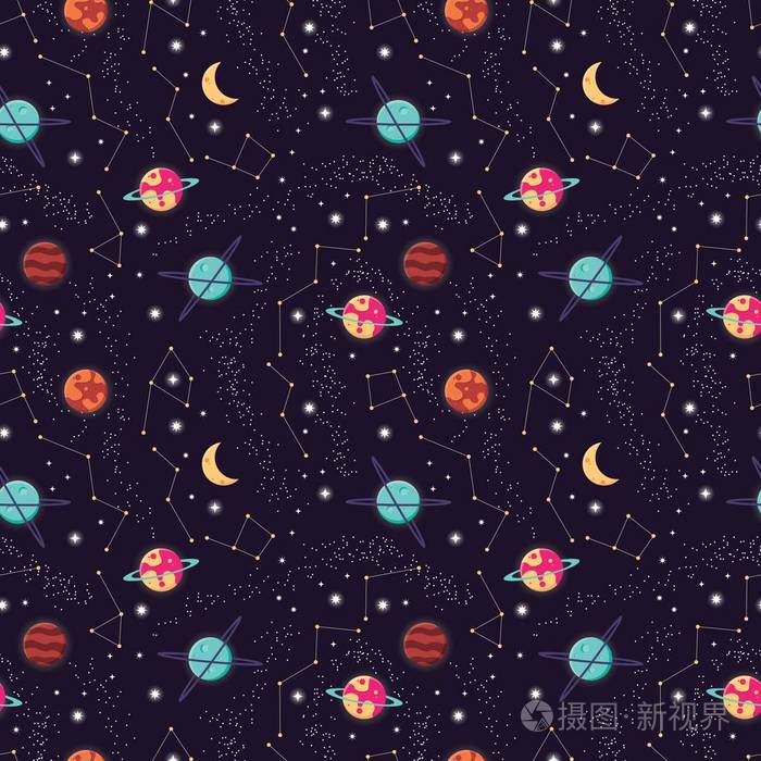 宇宙与行星和星星的无缝格局 宇宙繁星满天夜空插画-正版商用图片0o