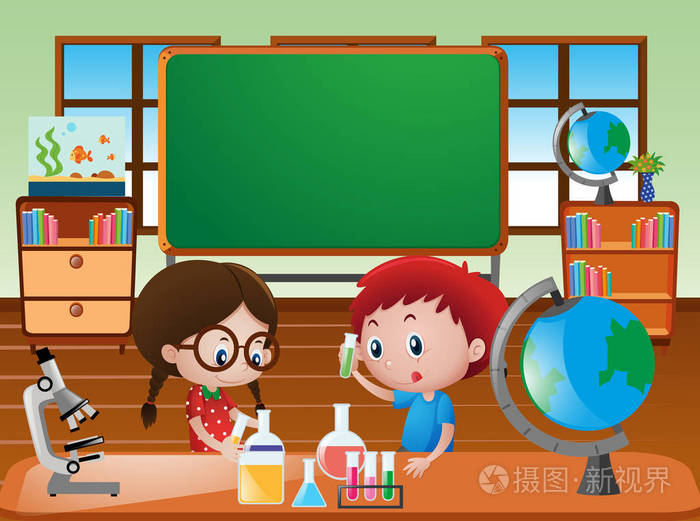 与孩子们做科学实验课堂场景插画-正版商用图片0o3noy-摄图新视界
