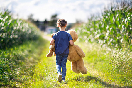 可爱的小女孩玩两个推玩具泰迪熊。孩子抱着大熊小熊走在自然风光中