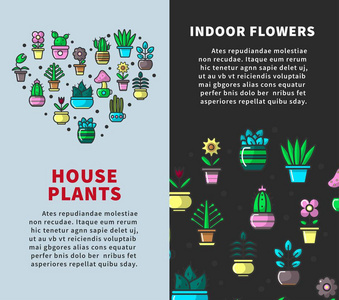 房子植物和室内花卉推广垂直海报。自然的室内绿色装饰品, 叶子和花朵在明亮的光泽盆上横幅卡通矢量插图与示例文本