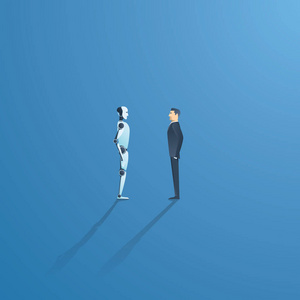 人工智能 vs 人类向量概念。Ai bot 和商人对峙。创新技术与未来理念