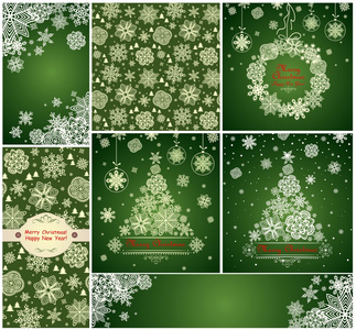绿色圣诞贺卡与纸雪花的集合