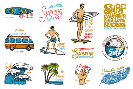 冲浪徽章, 波浪, 棕榈树和海洋。热带和加利福尼亚。冲浪板上的人, 夏天在海滩和大海上。刻徽手画。横幅或海报。夏威夷运动