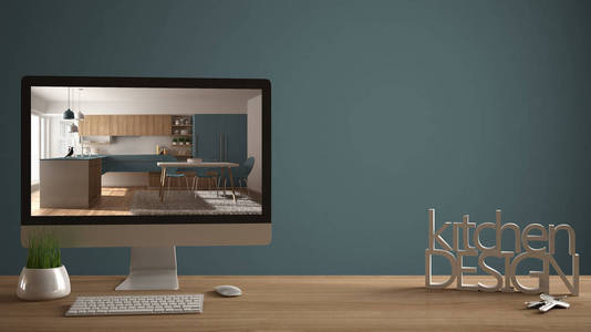 建筑师设计师项目概念, 木桌与房子钥匙, 3d 信件做词厨房设计, 计算机显示内部草稿, 蓝色英通背景拷贝空间