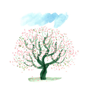 水彩画春天开花的树图片