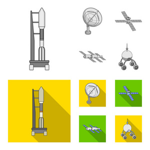 无线电雷达, 对接在太空航天器, 月球车。空间技术集图标单色平面式矢量符号股票插画网