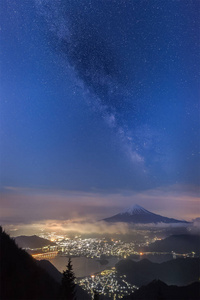 富士山和银河在湖河口湖在春暖花开的季节