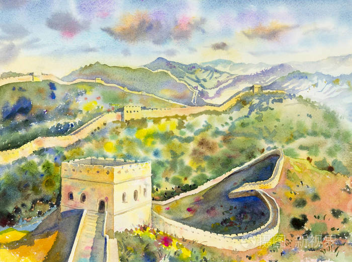 中国的长城在慕田峪长城.水彩画