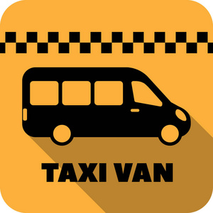出租车车矢量平面图标的应用程序和网站。黄色背景的公共汽车与出租汽车题字的阴影