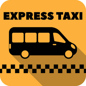 出租车或出租车车矢量平面图标的应用程序和网站。带阴影的黄色背景的公共汽车以快速的出租汽车题字