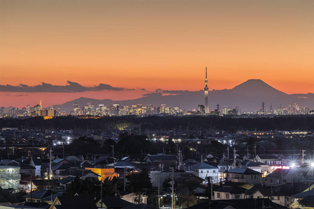 东京 Skytree 和富士山在那黄昏时分在冬季