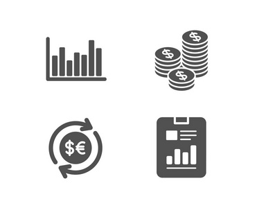 一组条形图硬币和货币币种图标。报告文档符号。统计 infochart, 现金钱, 现金变动。带有图表的页面。质量设计要素。经典