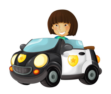 动画片玩具警车与孩子在它女孩在白色背景孩子的例证