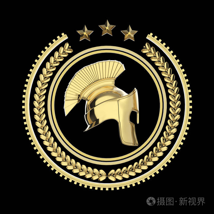 高详细斯巴达罗马希腊的头盔在月桂花环徽章与环和星星体育军事战斗