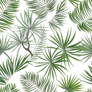 白色 backgr 上亮绿色热带叶的无缝图案